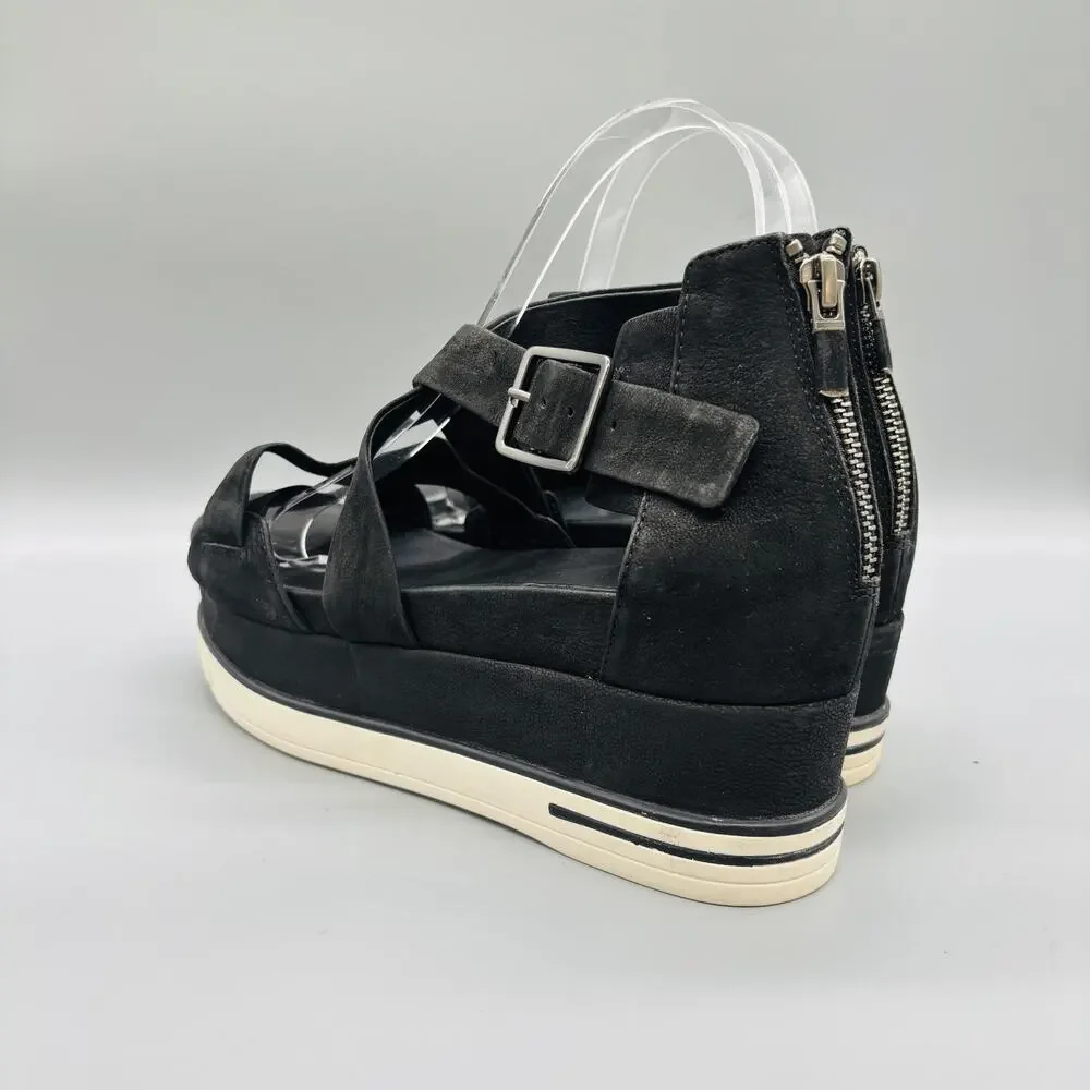 Eileen Fisher Sandals Womens 10 Black Leather Strappy Platform Wedge Zip Shoes